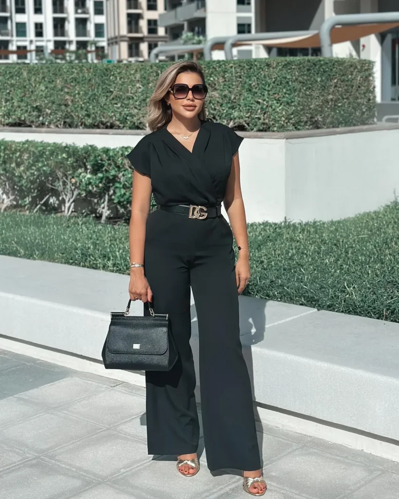 Black Wrap-Front Jumpsuit With a Logo Belt