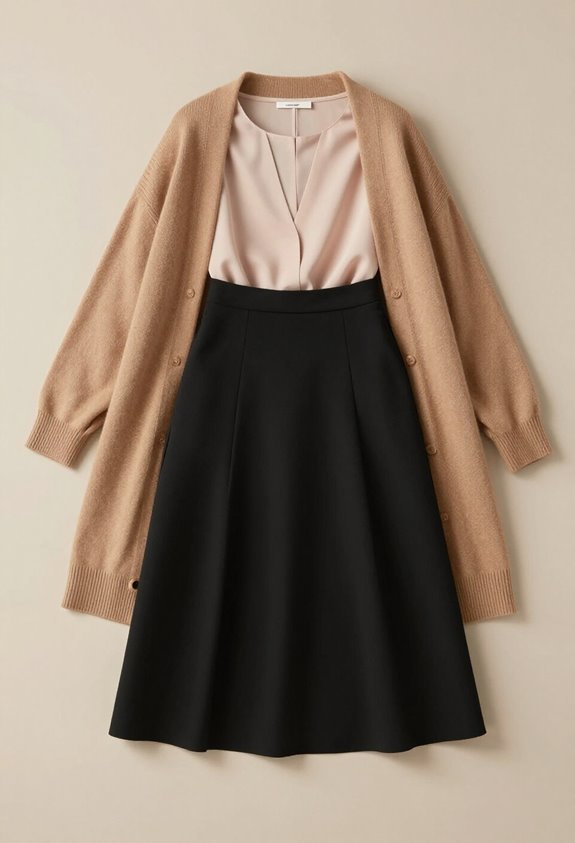 blush blouse camel cardigan