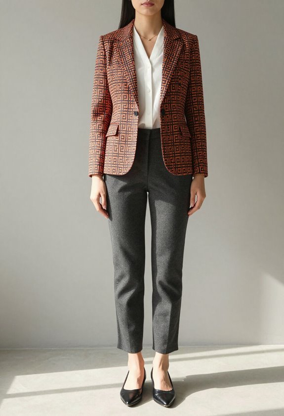 bold blazer neutral trousers