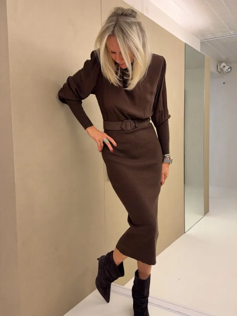 Brown Knit Midi With Puff Shoulders and Suede Boots