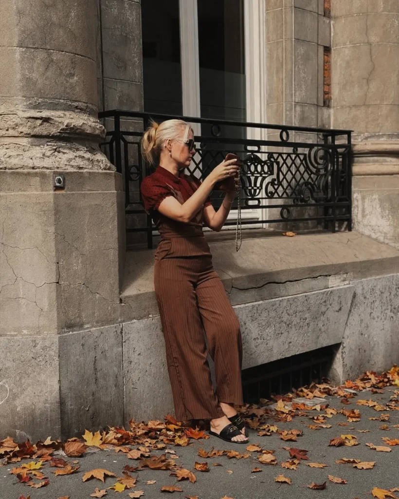 Brown Pinstripe Jumpsuit With a Polka Dot Blouse