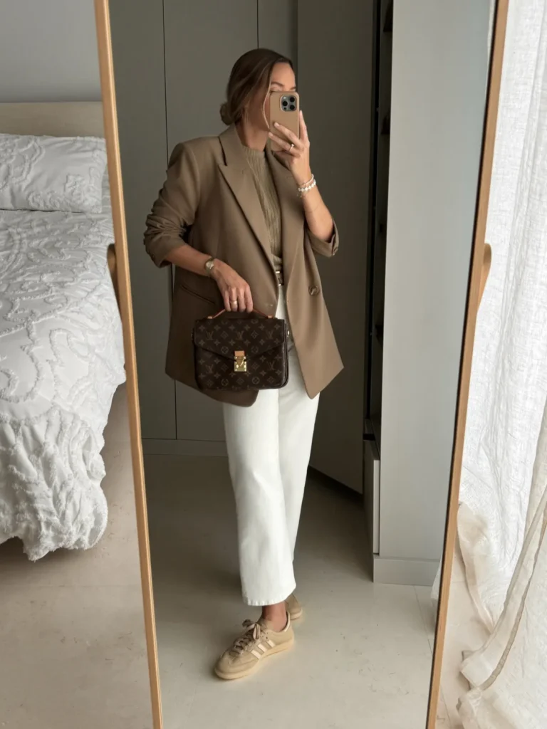 Camel Blazer, White Jeans, and Suede Sneakers
