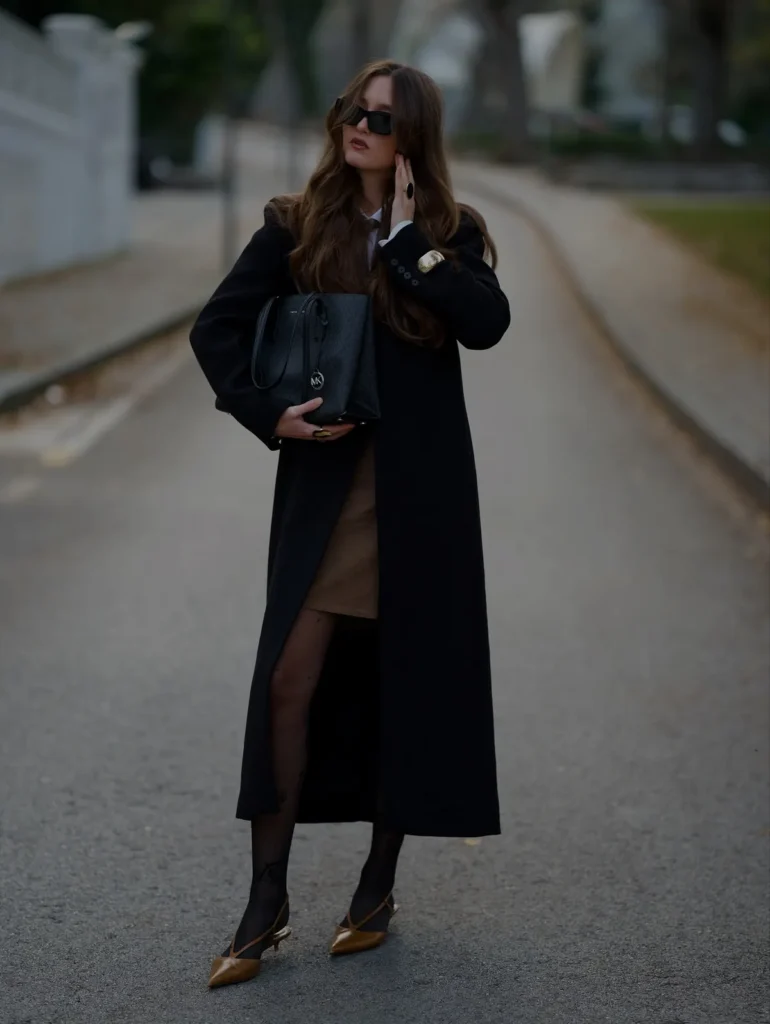 Camel Mini Skirt Under a Floor-Length Coat