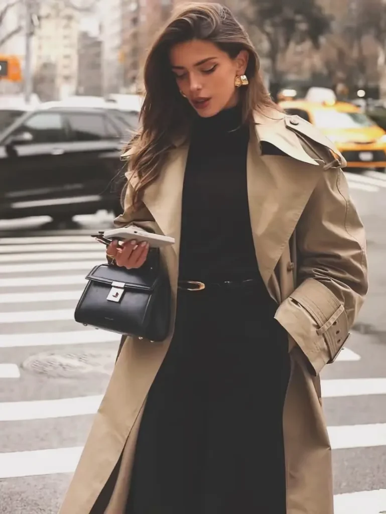 Camel Trench Over an All-Black Base