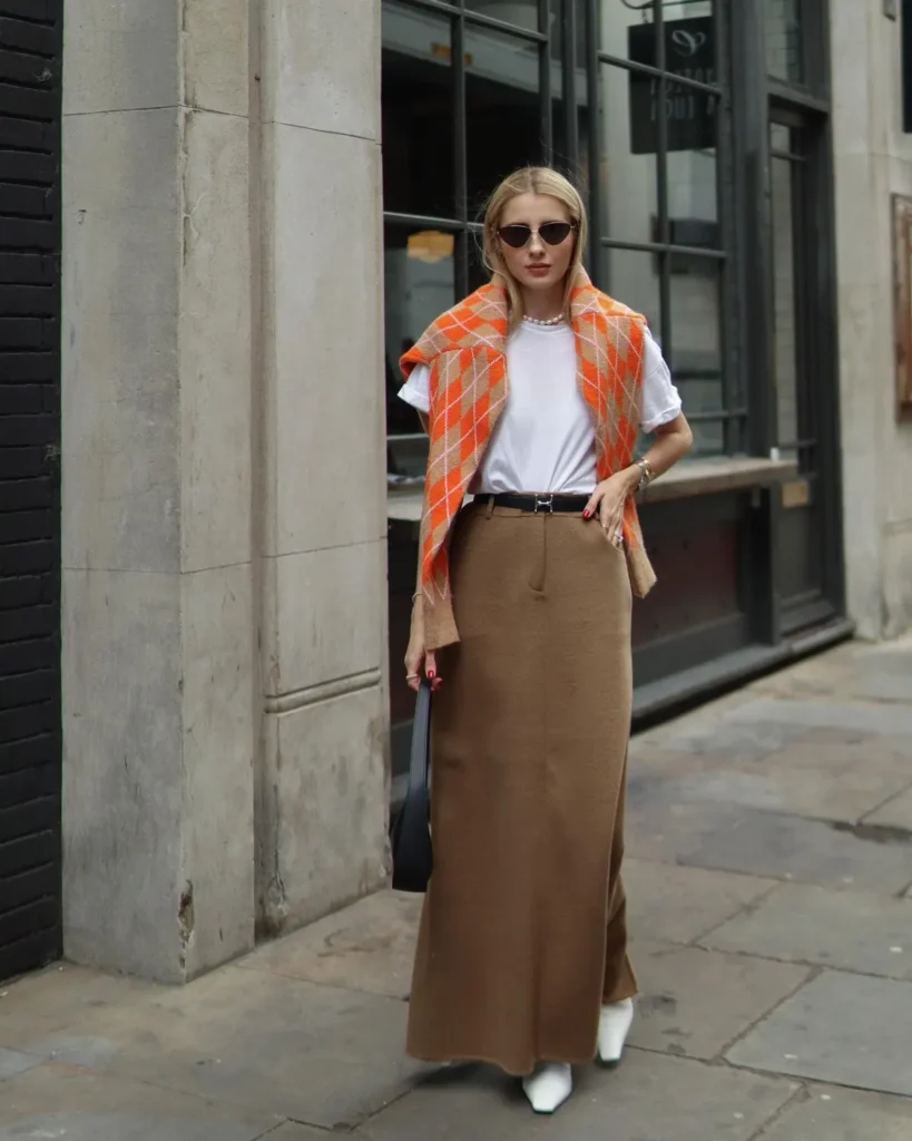 Camel Wool Maxi With an Orange Argyle Sweater