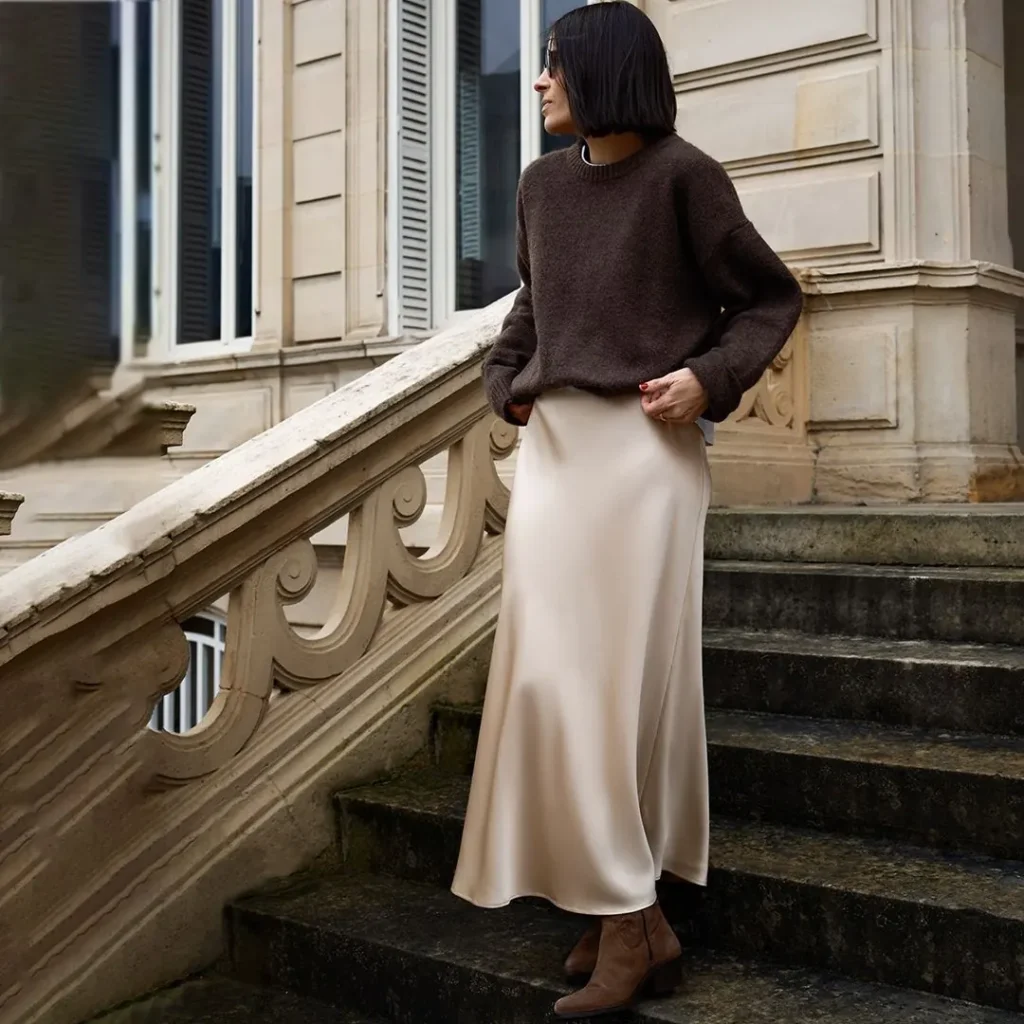 Champagne Satin Skirt and a Chocolate Knit