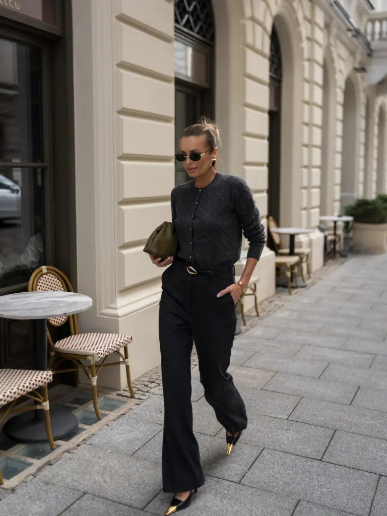 1. Charcoal Cardigan and Flared Black Trousers
