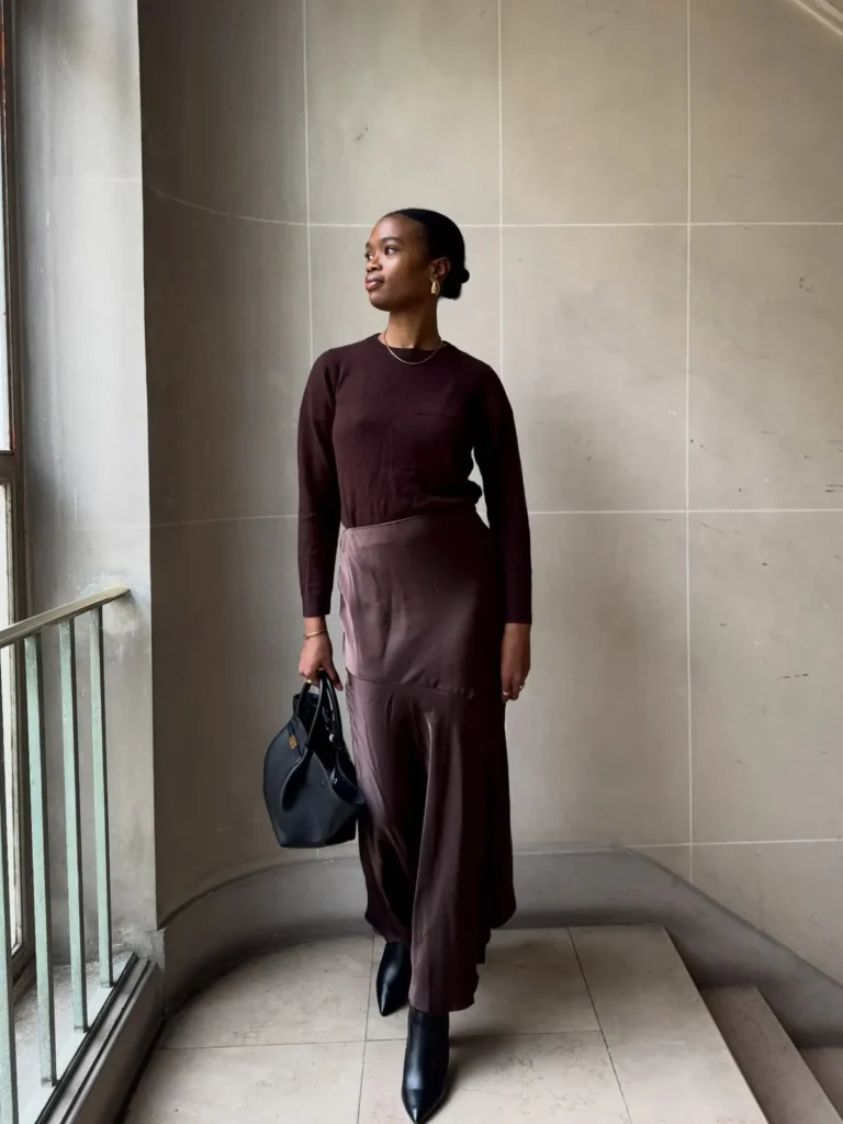  Chocolate Satin Skirt and a Tonal Sweater