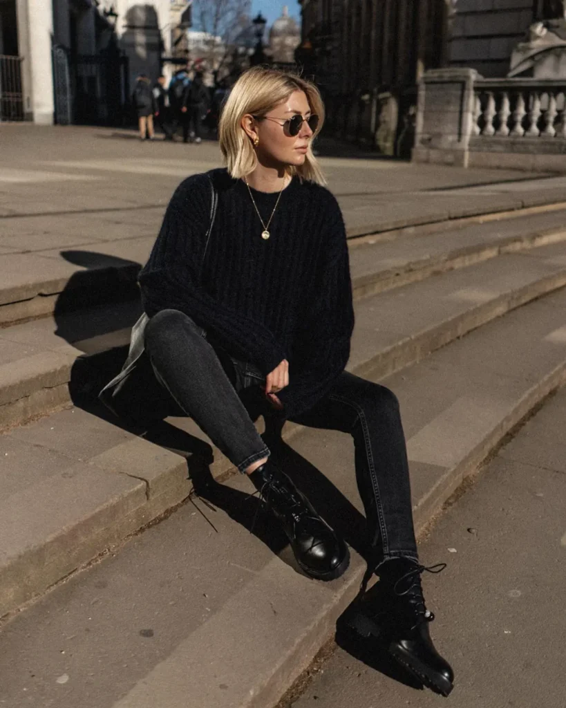 Chunky Black Knit, Slim Jeans, and Lace-Up Boots