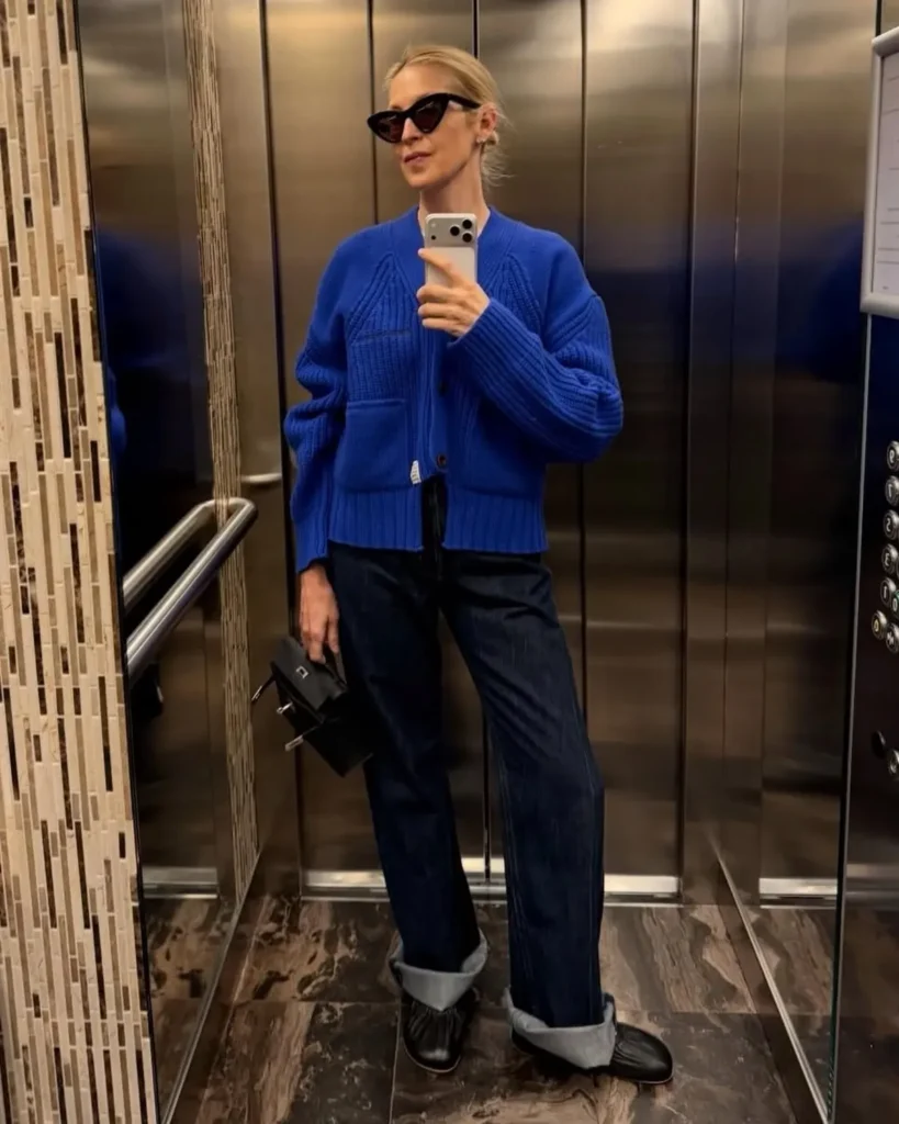 Cobalt Cardigan With Dark Cuffed Jeans