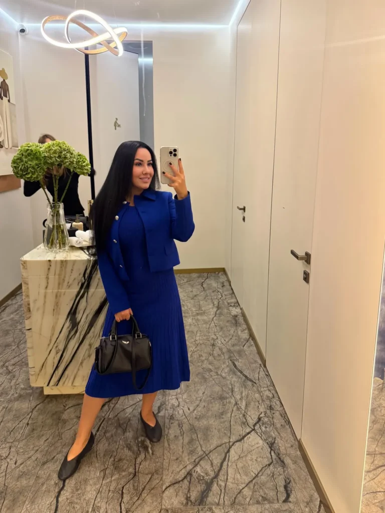Cobalt Jacket Over a Ribbed Midi Dress