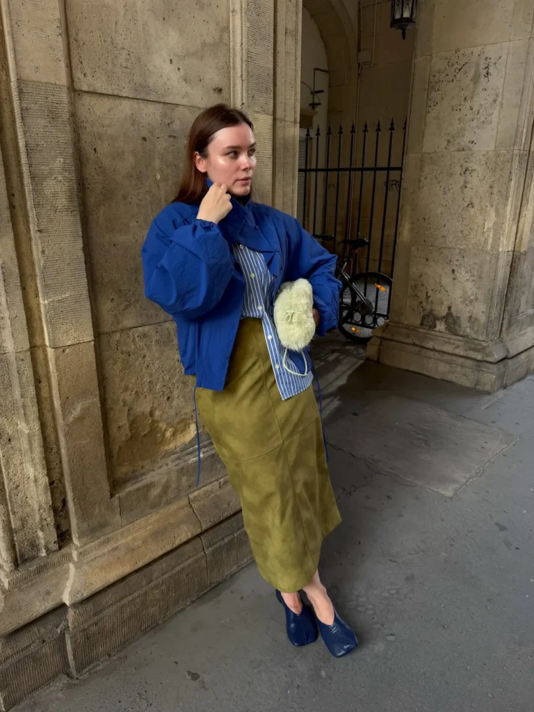 Cobalt Jacket With an Olive Suede Skirt