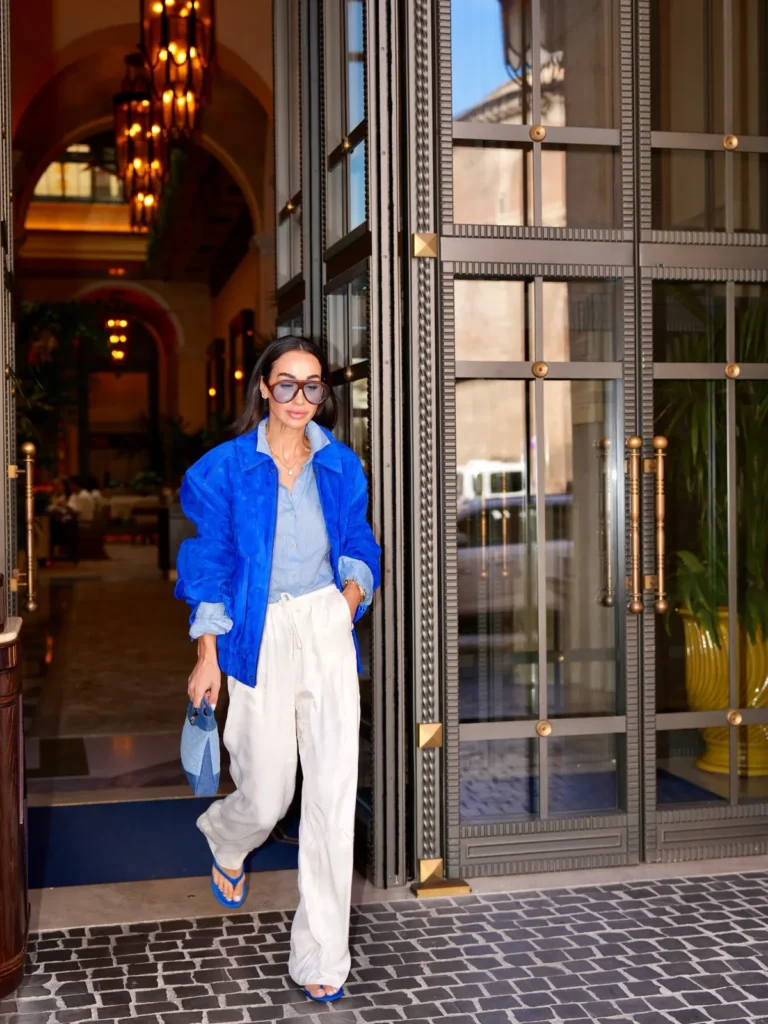 Cobalt Suede Jacket With White Satin Trousers