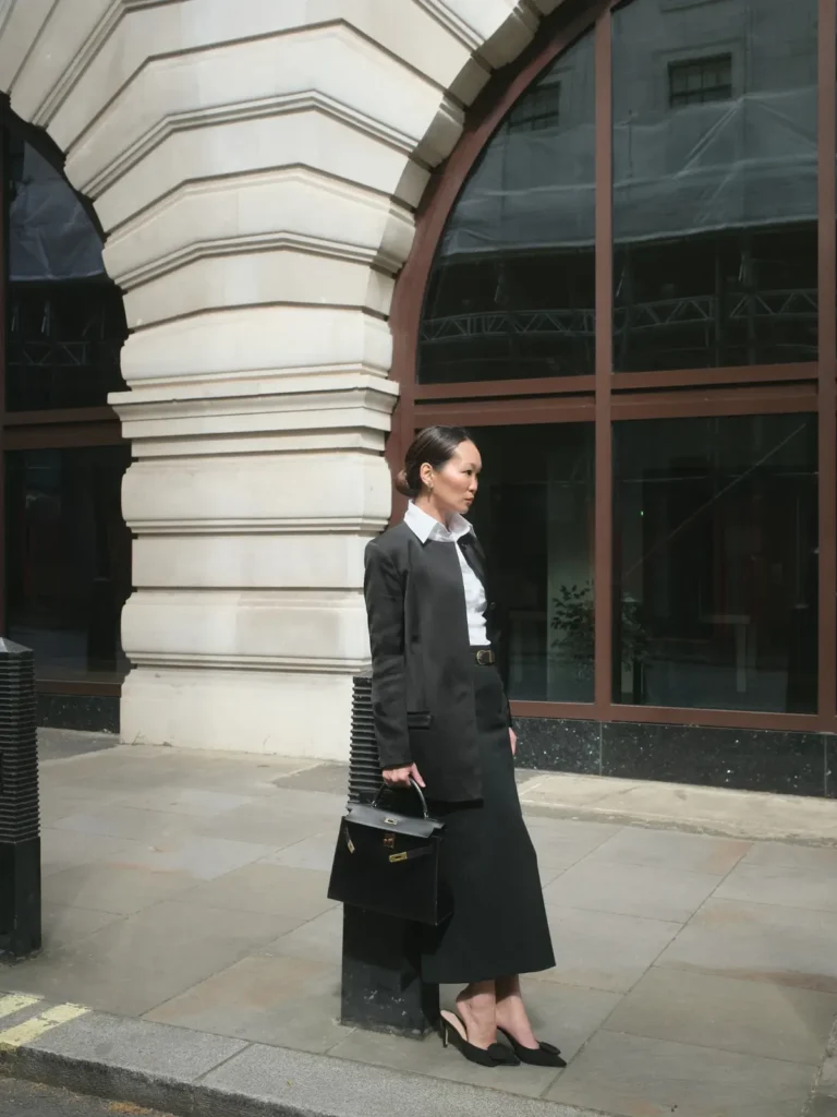 Collarless Jacket, White Shirt, and Column Skirt