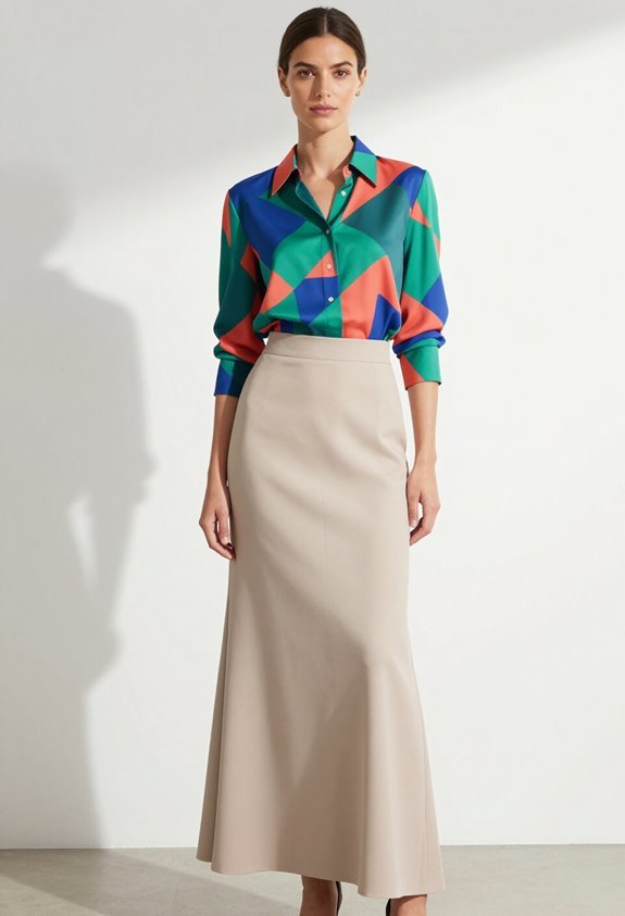 colorful blouse neutral skirt