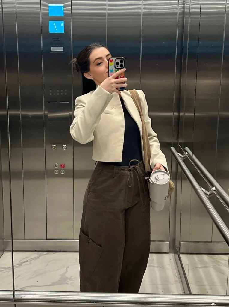 Cream Cropped Jacket With Dark Brown Barrel Trousers