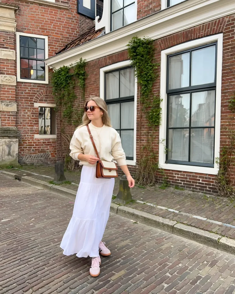 Cream Sweater, Tiered White Maxi, and Pink Sneakers