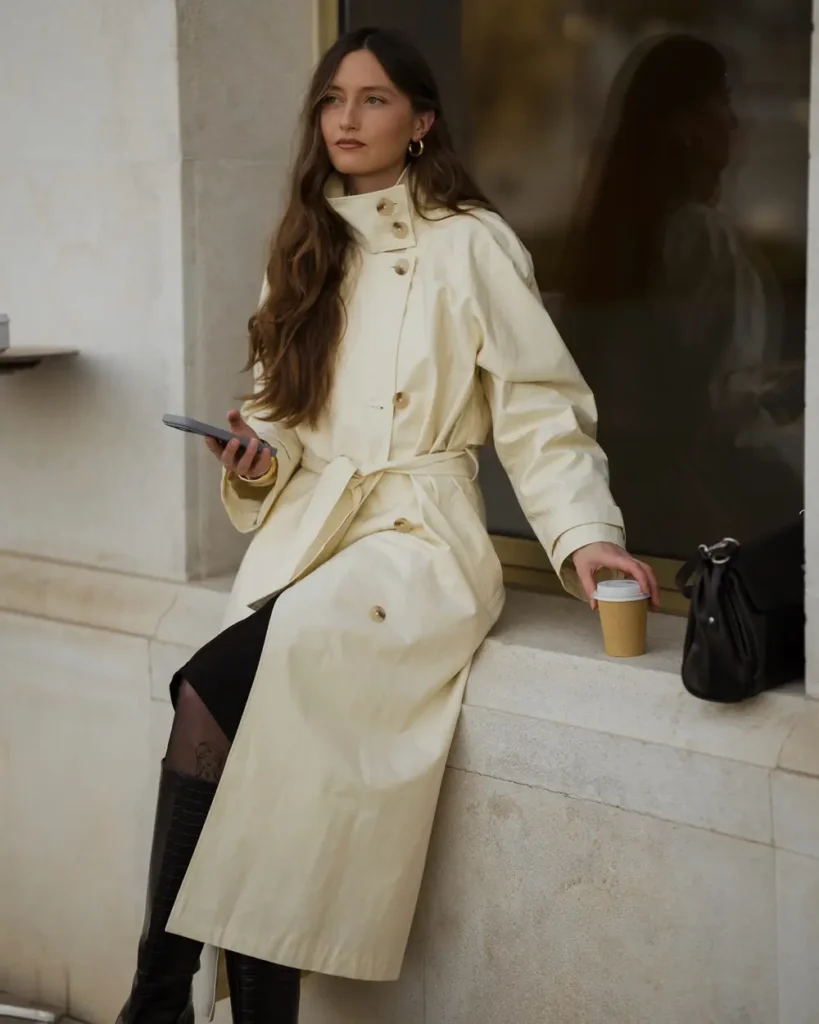 Cream Trench, Black Midi, and Tall Black Boots
