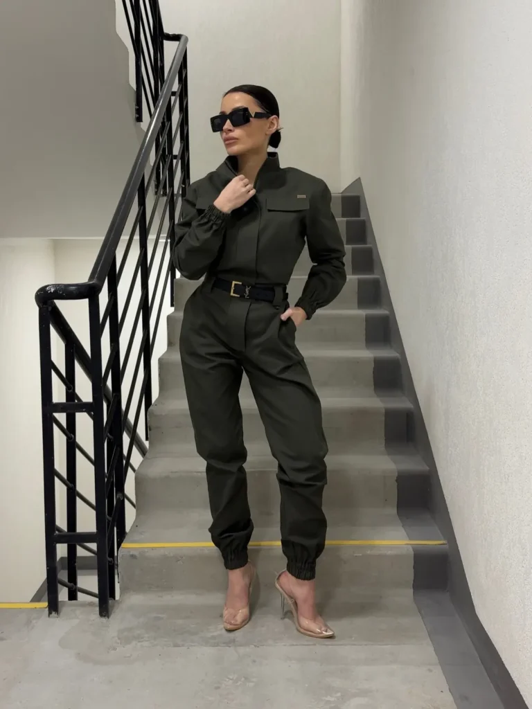 Dark Olive Utility Jumpsuit With Clear Heels