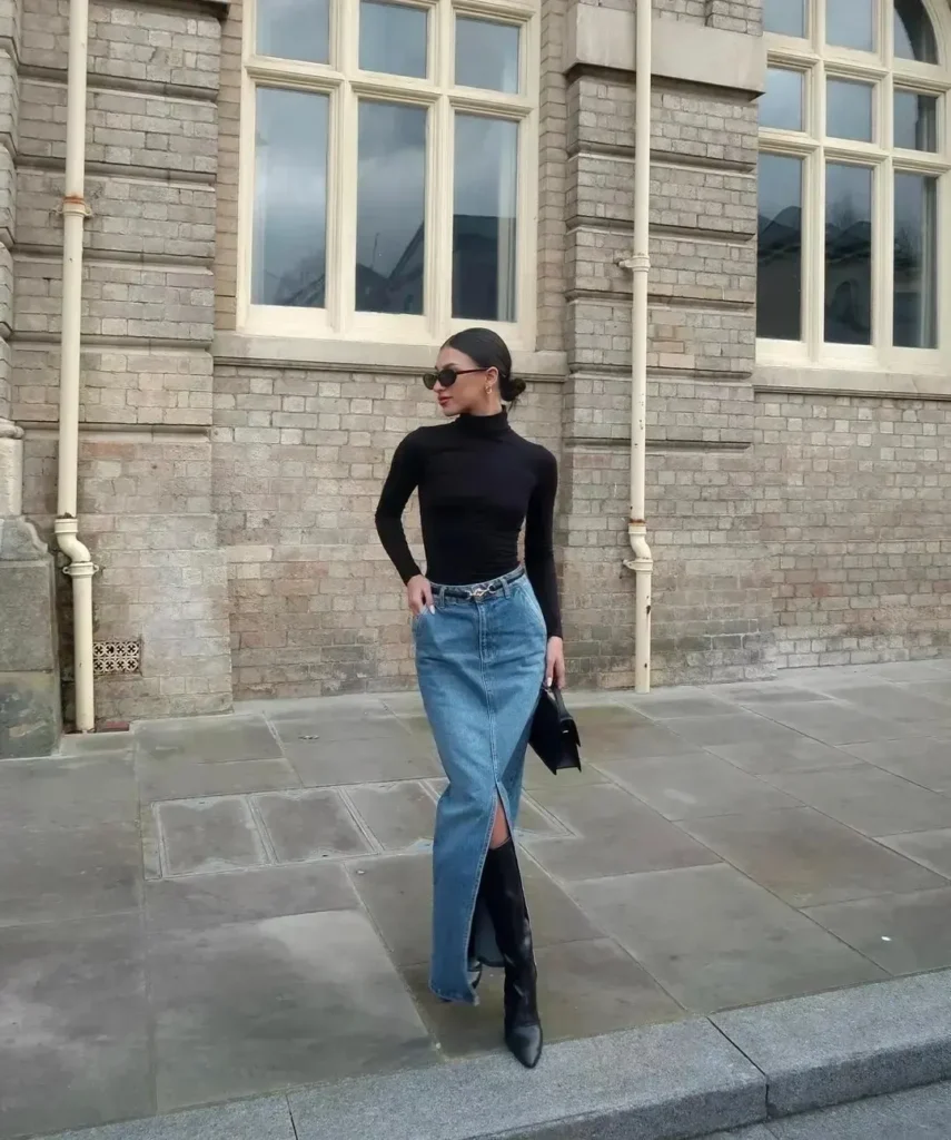 Denim Maxi With a Slit and Tall Black Boots