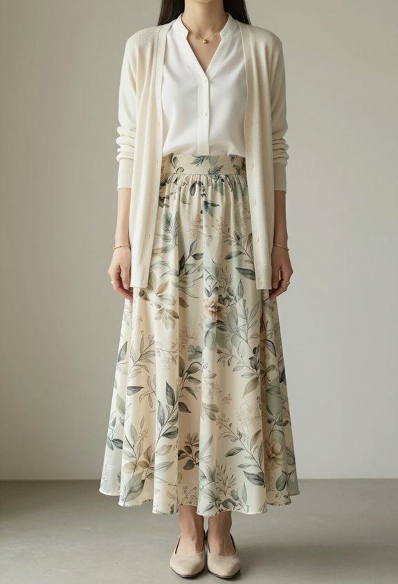 floral skirt neutral cardigan