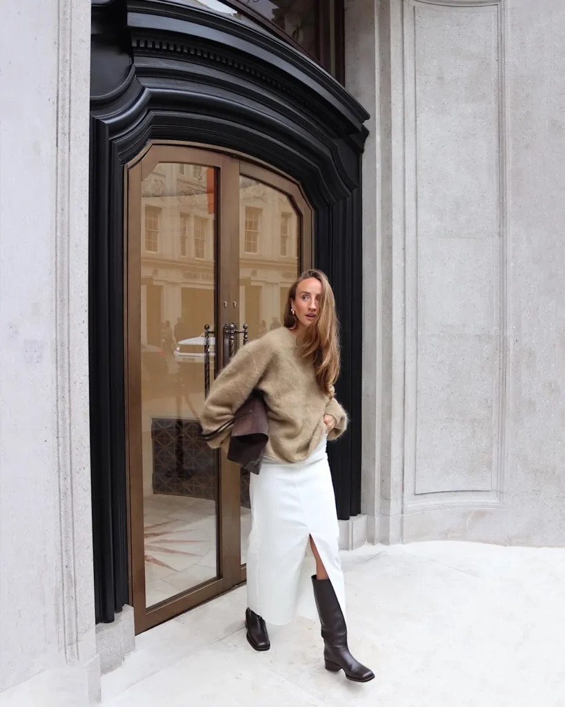 Fuzzy Camel Sweater and a White Denim Slit Skirt