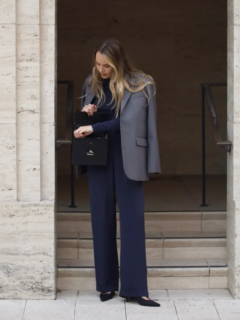 Grey Blazer Over Navy Trousers