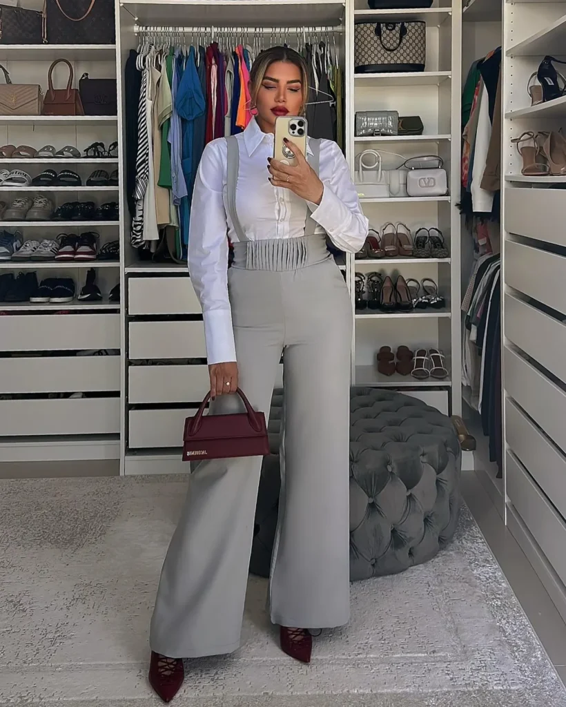  Grey Strap Trousers With a Crisp White Shirt