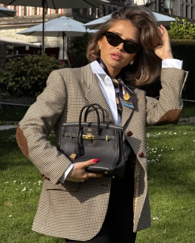 Houndstooth Blazer With Elbow Patches and a Silk Scarf