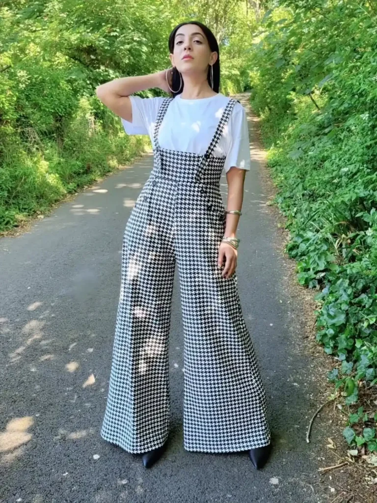 Houndstooth Pinafore Jumpsuit Over a White Tee
