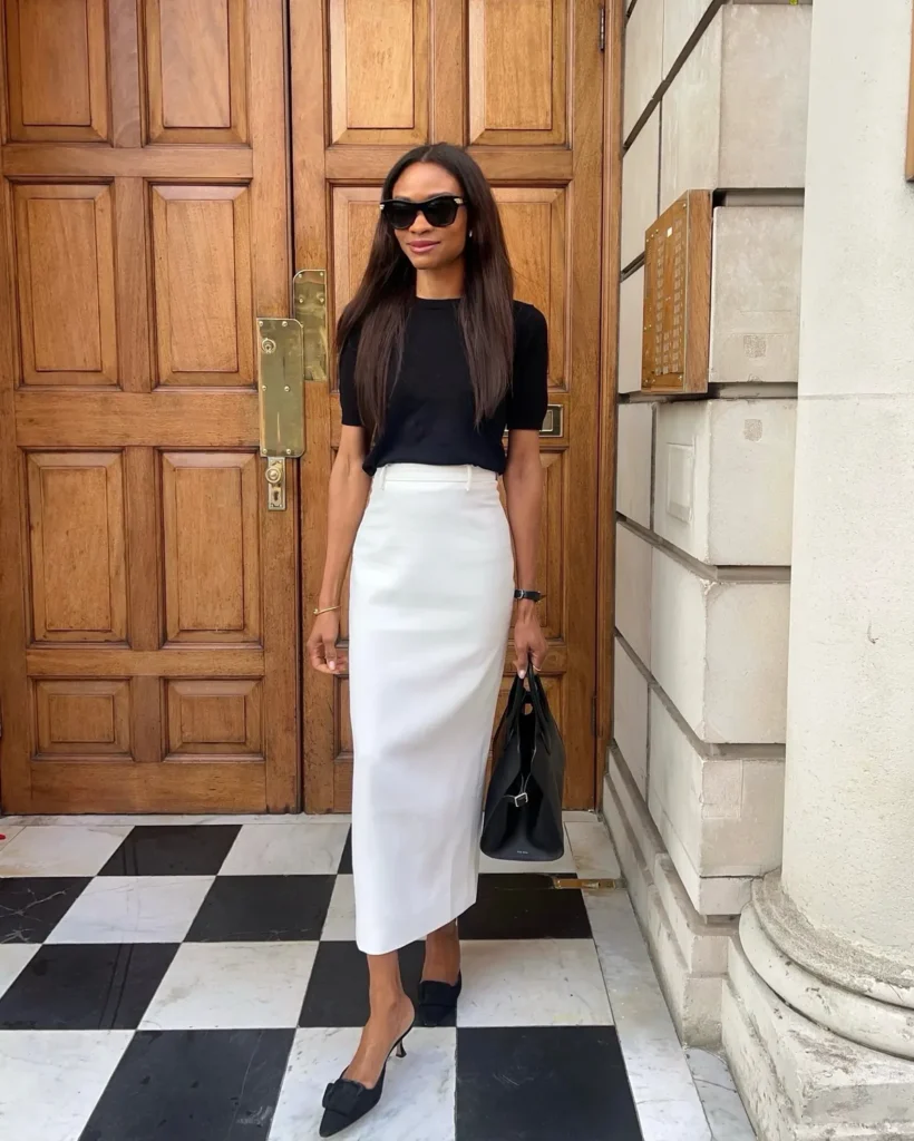 ivory Column Skirt With a Black Knit