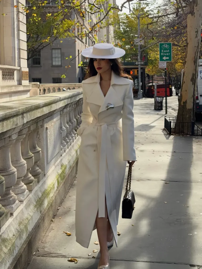 An Ivory Wrap Coat and a Flat Brim Hat