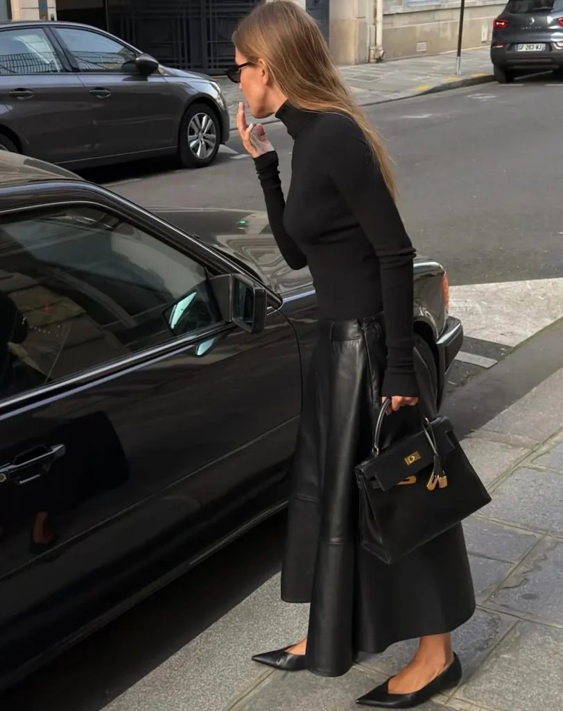 Leather A-Line Skirt With a Black Turtleneck
