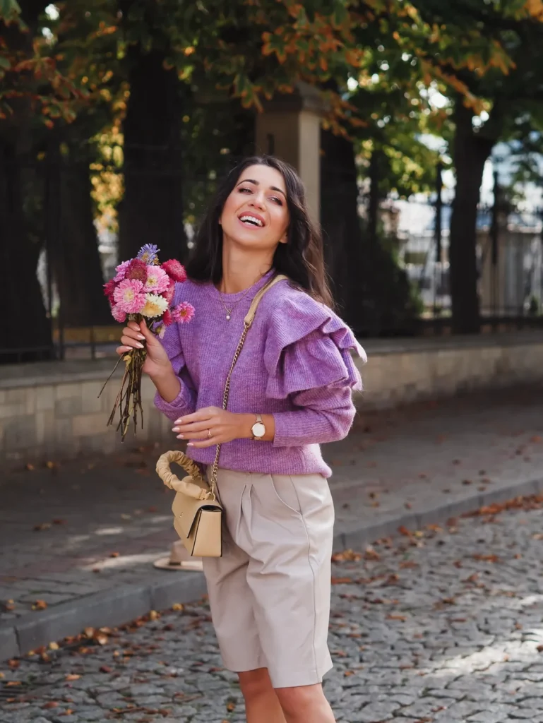 Lilac Ruffle Sweater With Beige Shorts