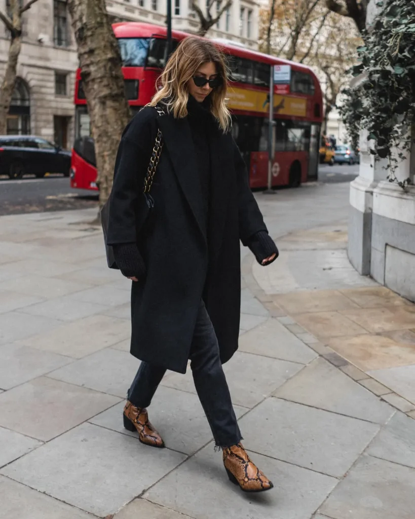 A Long Black Coat and Snake Print Boots