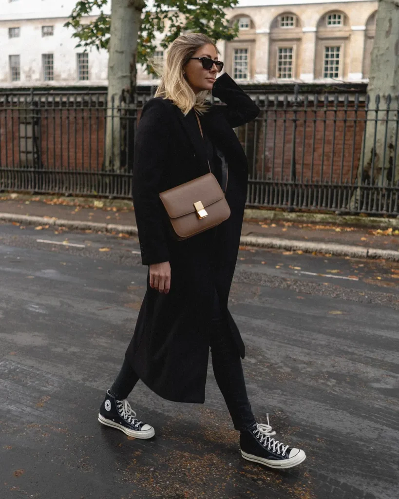 Long Black Coat With High-Top Sneakers