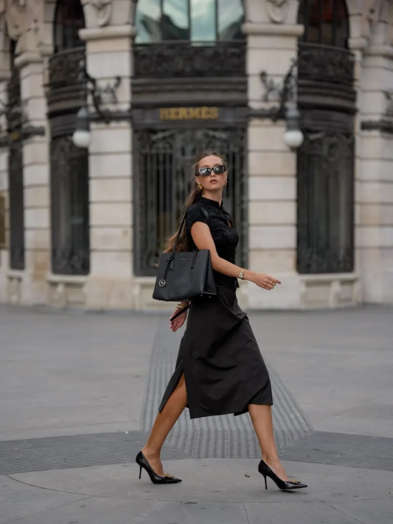 A Mandarin Collar Top and Slit Midi Skirt