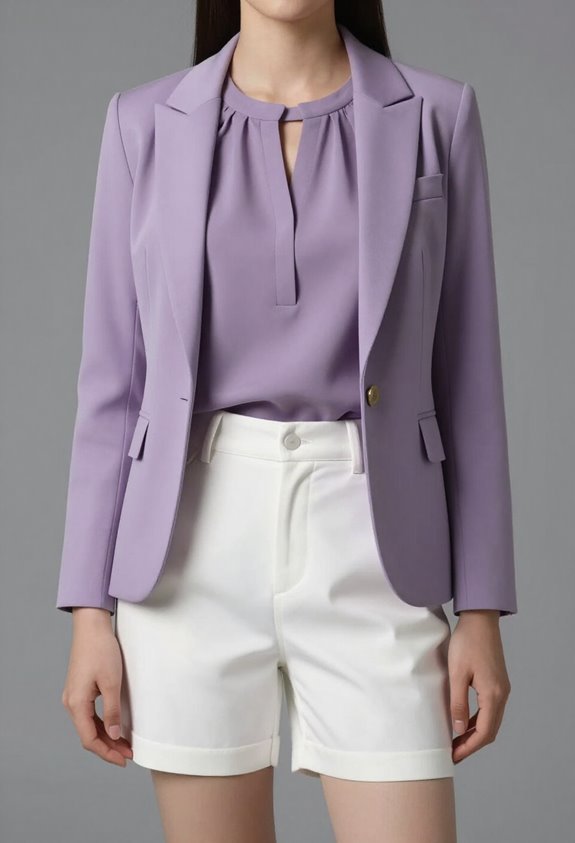 mauve blouse white tailored shorts