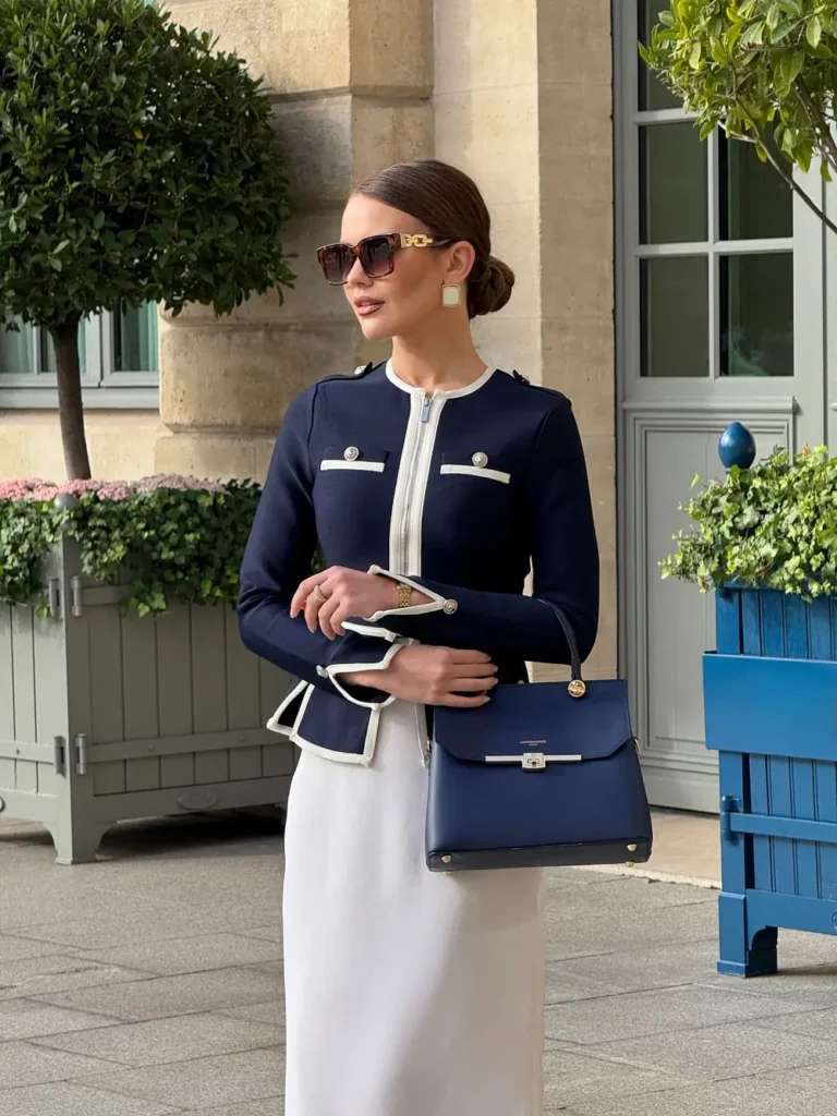 Navy Contrast-Trim Jacket and a White Pencil Skirt