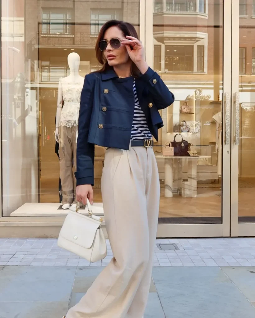 Navy Cropped Jacket With Cream Trousers