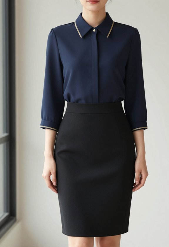 navy blouse gold accents