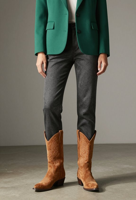 neutral boots bold blazers