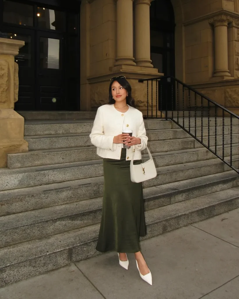 Olive Satin Maxi and a Tweed Jacket