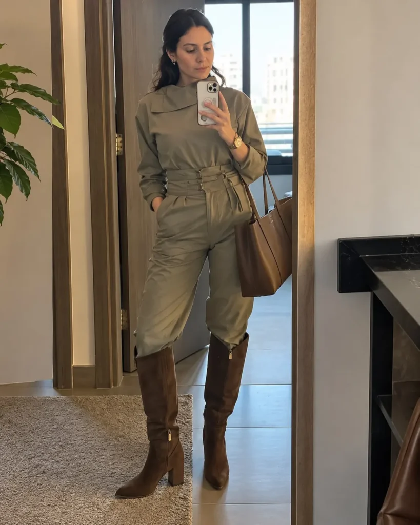 Olive Utility Jumpsuit With Suede Knee Boots