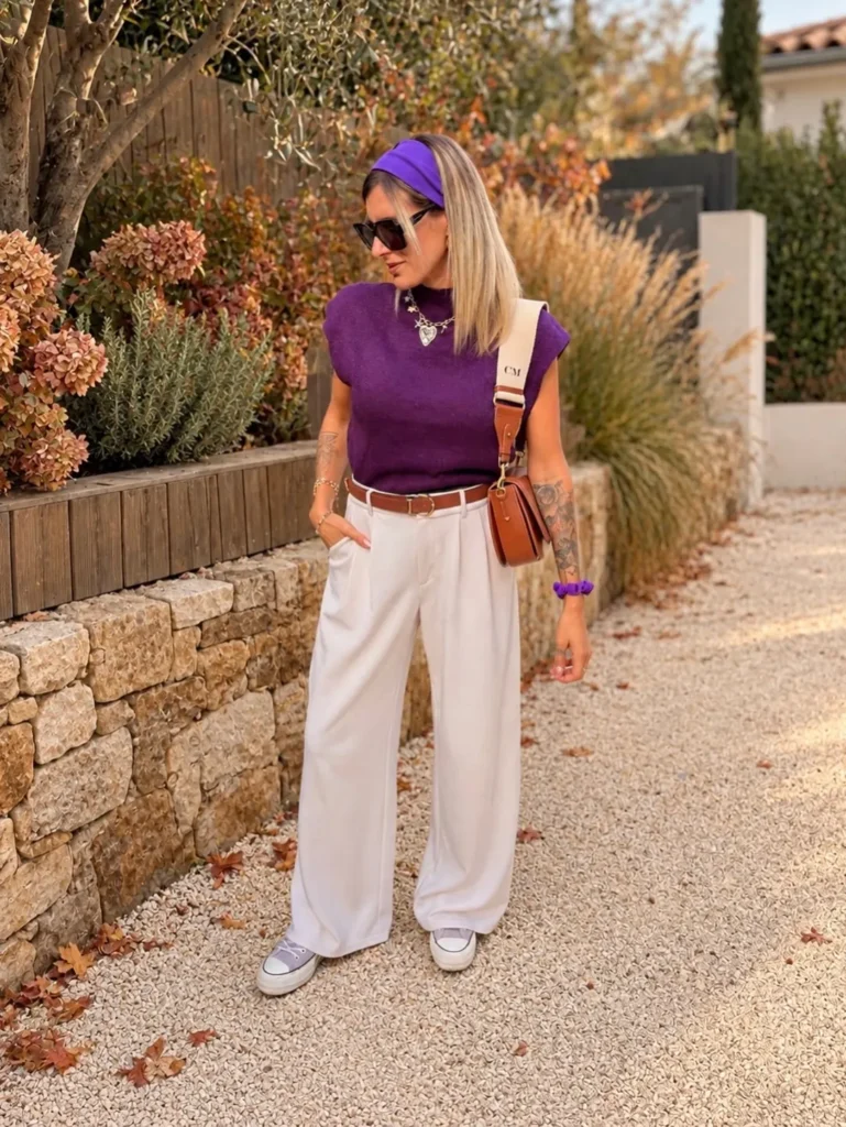 Plum Knit Vest With Cream Trousers