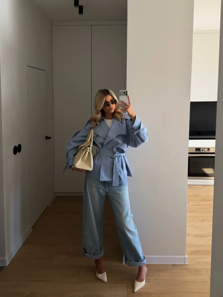 Powder Blue Belted Jacket With Light Jeans