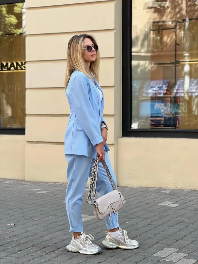 Powder Blue Suit With Chunky Sneakers