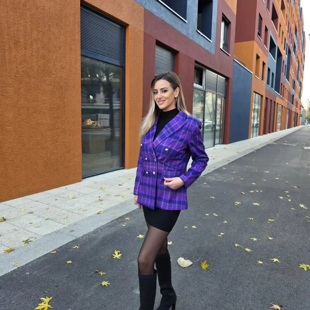 Purple Plaid Blazer With Gold Buttons