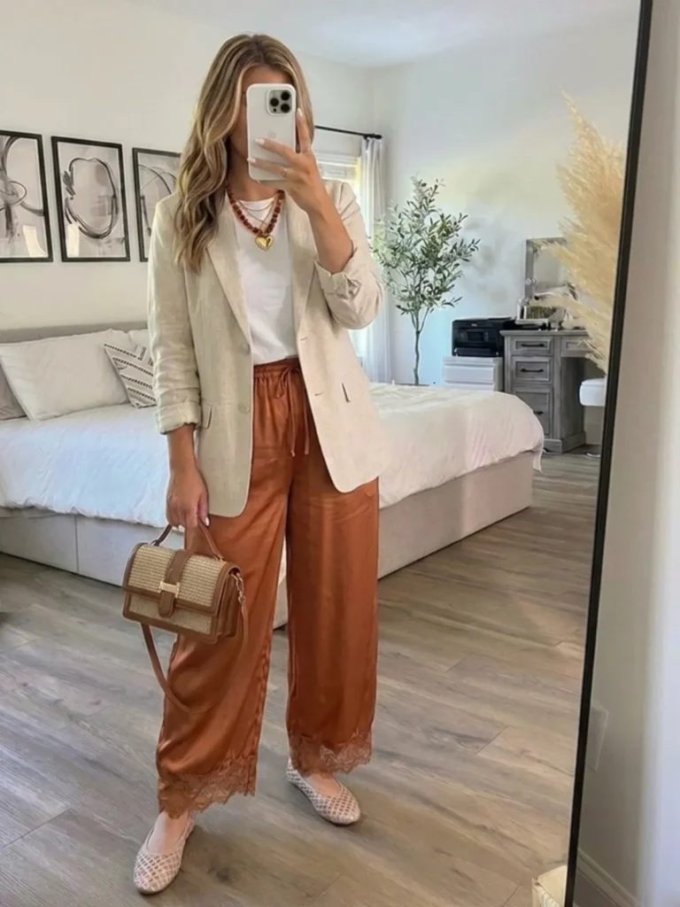 Rust Satin Pants With a Linen Blazer