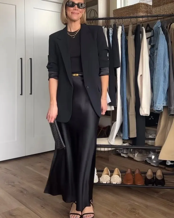Satin Maxi Skirt With a Black Blazer